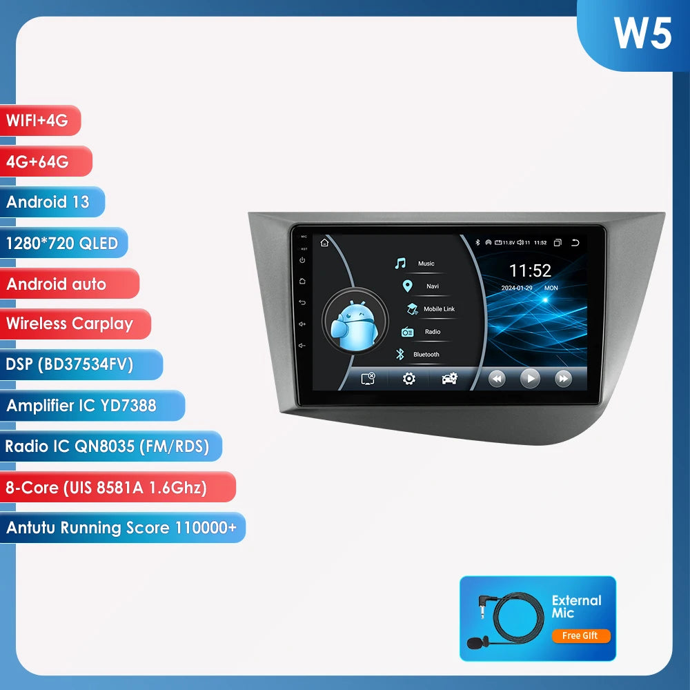 Seat Leon 2 MK2 2005 - 2012 9" Android 14 Carplay Android auto wireless wifi bt gps 4g  AUTMJ9VX