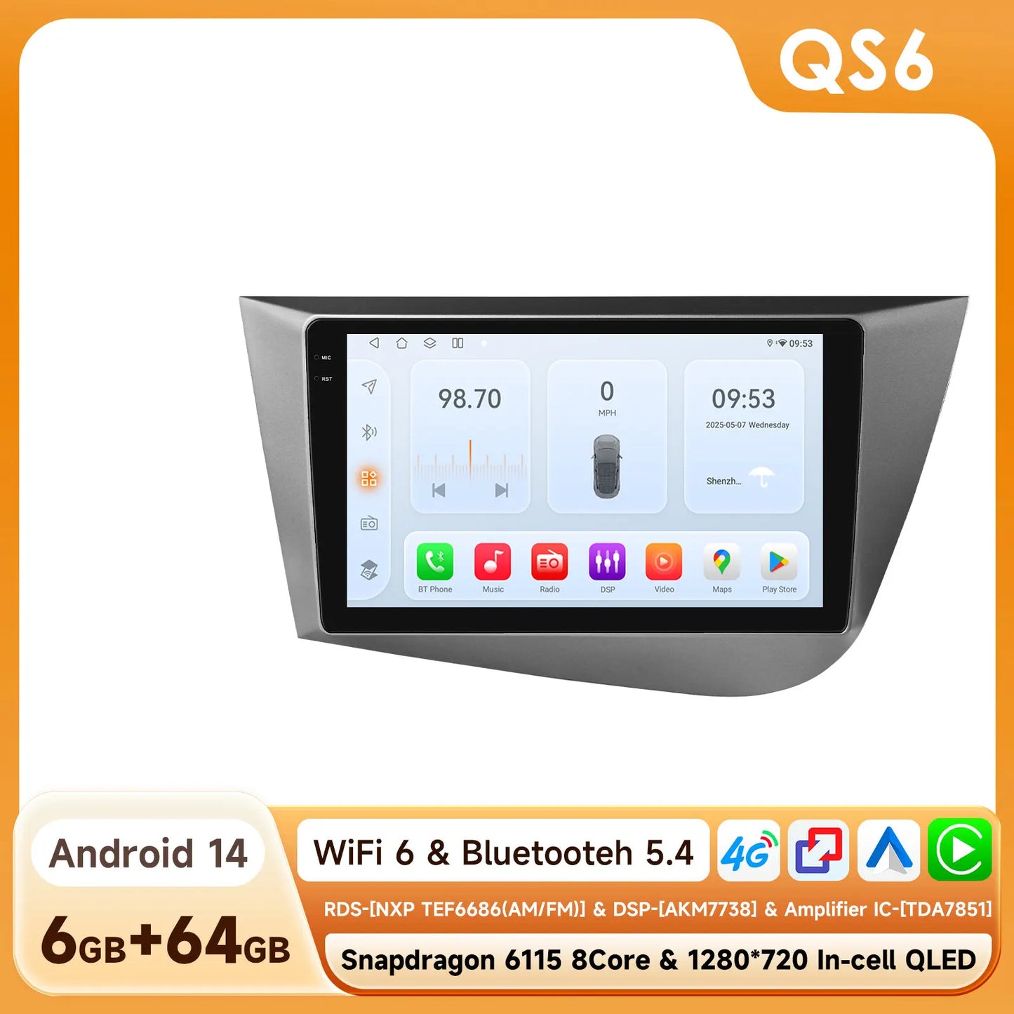 Seat Leon 2 MK2 2005 - 2012 9" Android 14 Carplay Android auto wireless wifi bt gps 4g  AUTMJ9VX