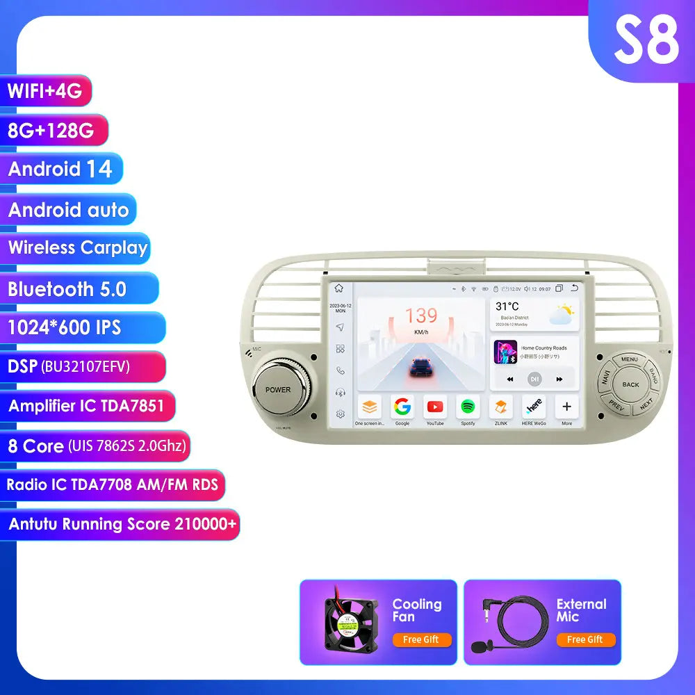 Fiat 500 2007 - 2015 7" Android 14 Carplay Android auto wireless wifi bt gps 4g  AUTM7QGL