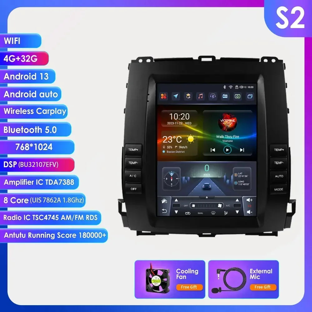 Toyota Land Cruiser Prado 120 2002-2009 Lexus GX470 9,7" Android 14 Carplay Android auto wireless wifi bt gps 4g  AUTMWU0F