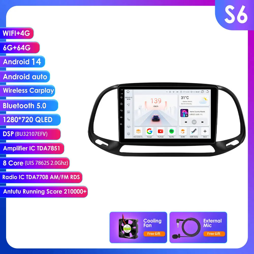 Fiat Doblo 2015-2019  9''/ 10.33''  Android 14 Carplay Android auto wireless wifi bt gps 4g AUTMKO9J