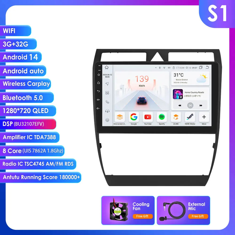 Audi A6 C5 1997-2004 S6 RS6 9" Android 14 Carplay Android auto wireless wifi bt gps 4g  AUTMA9VK