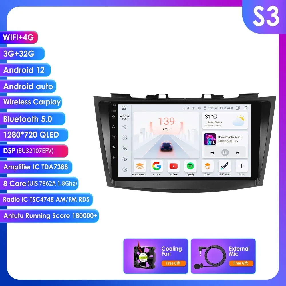 Suzuki Swift 4 2011-2015 9" Android 14 Carplay Android auto wireless wifi bt gps 4g  AUTMSCNB