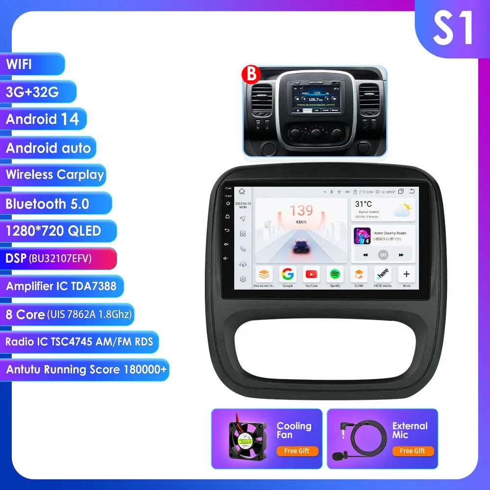 Fiat Talento Renault Trafic 3 / Opel Vivaro B 2014-2021 9" Android 14 Carplay Android auto wireless wifi bt gps 4g AUTMUYH9