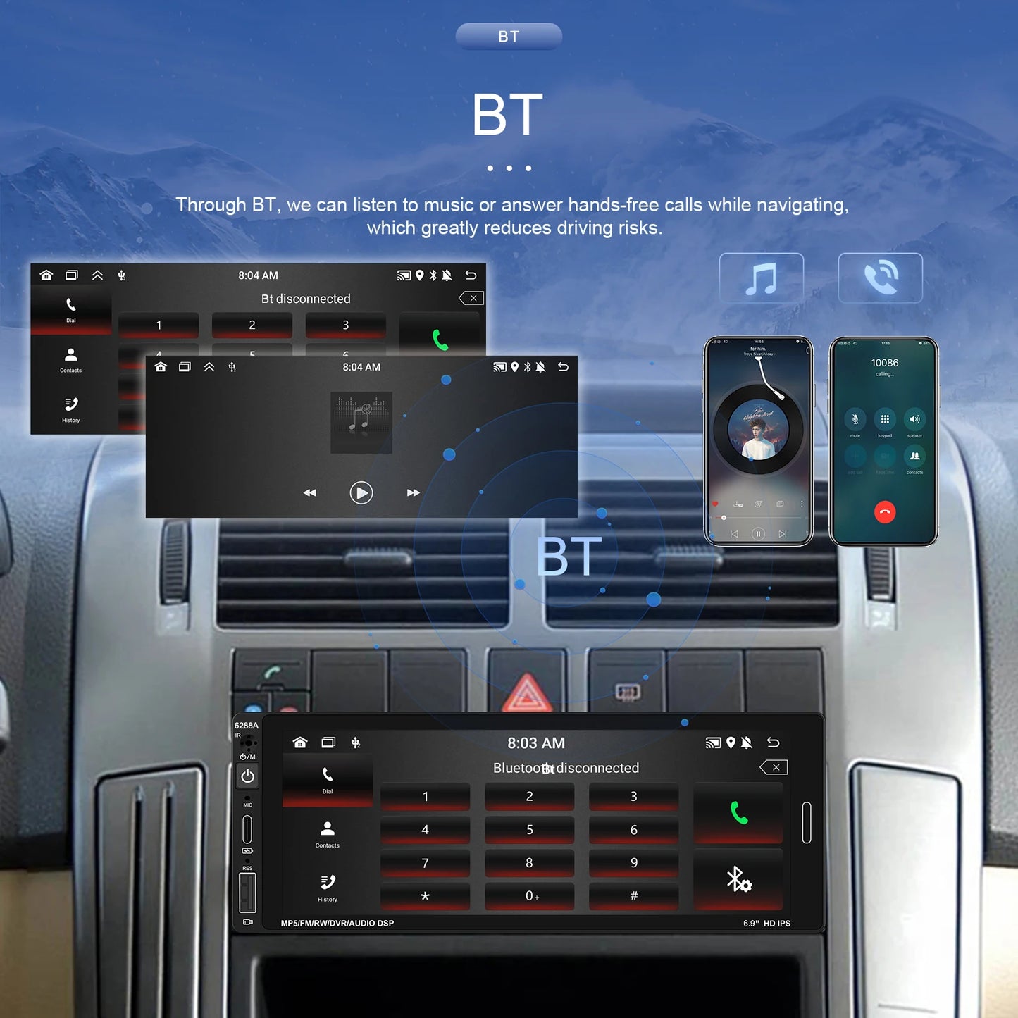 1din 6.86'' Android Car Stereo Radio 2+64G Wireless Carplay Android auto Bluetooth WIFI GPS FM Radio RDS  AUTMRDNV1
