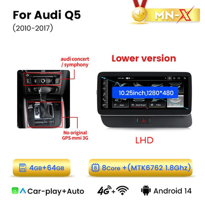 Audi Q5 2009-2016 10,25" Android 14 Wireless CarPlay Android Auto Radio Multimedia 4G DSP Navigatore  AUTM9NRU