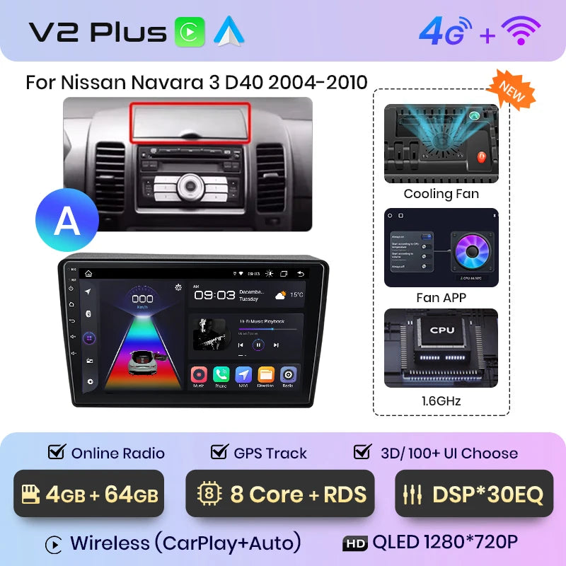 NISSAN NAVARA 2006 -2012 9" Wireless CarPlay Android Auto  RDS GPS 4G WIFI Multimedia autoradio AUTMNISNV2