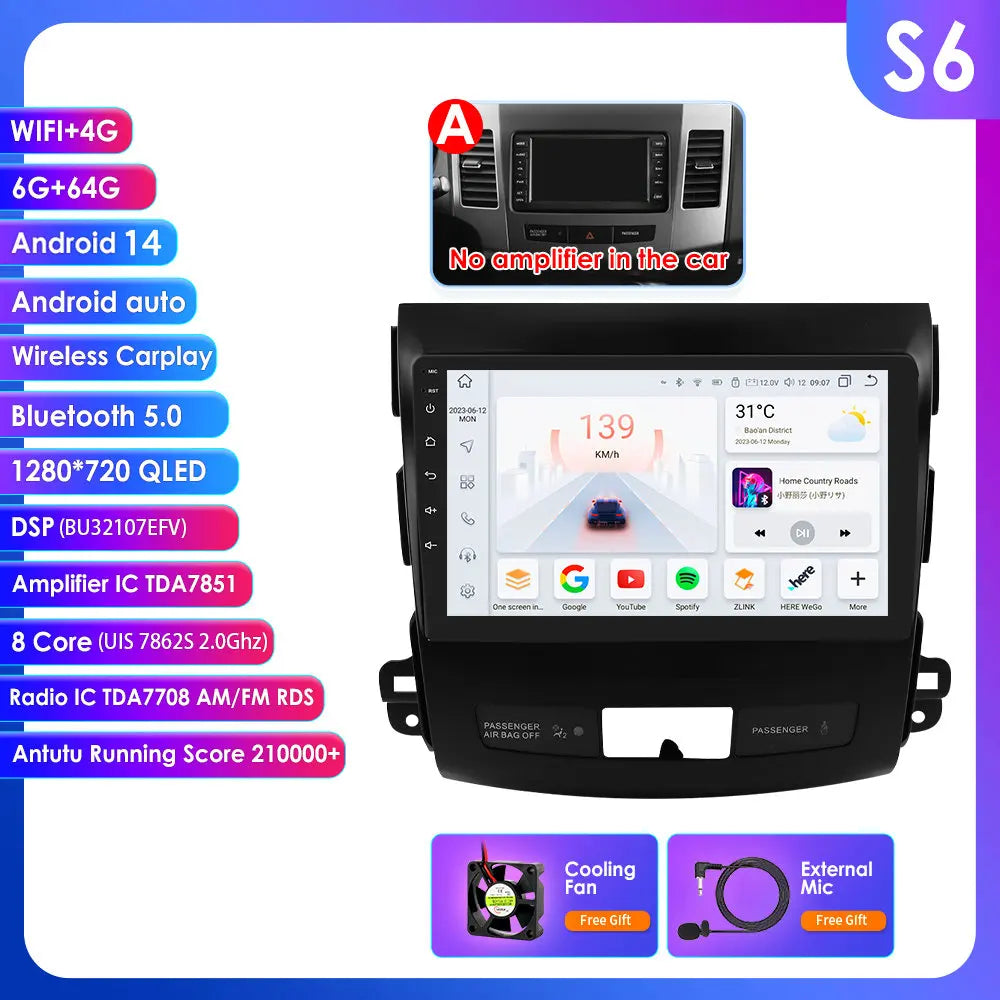 Mitsubishi Outlander 2 Peugeot 4007  Citroen C-Crosser 9" Android 14 Carplay Android auto wireless wifi bt gps 4g AUTMS5Y3