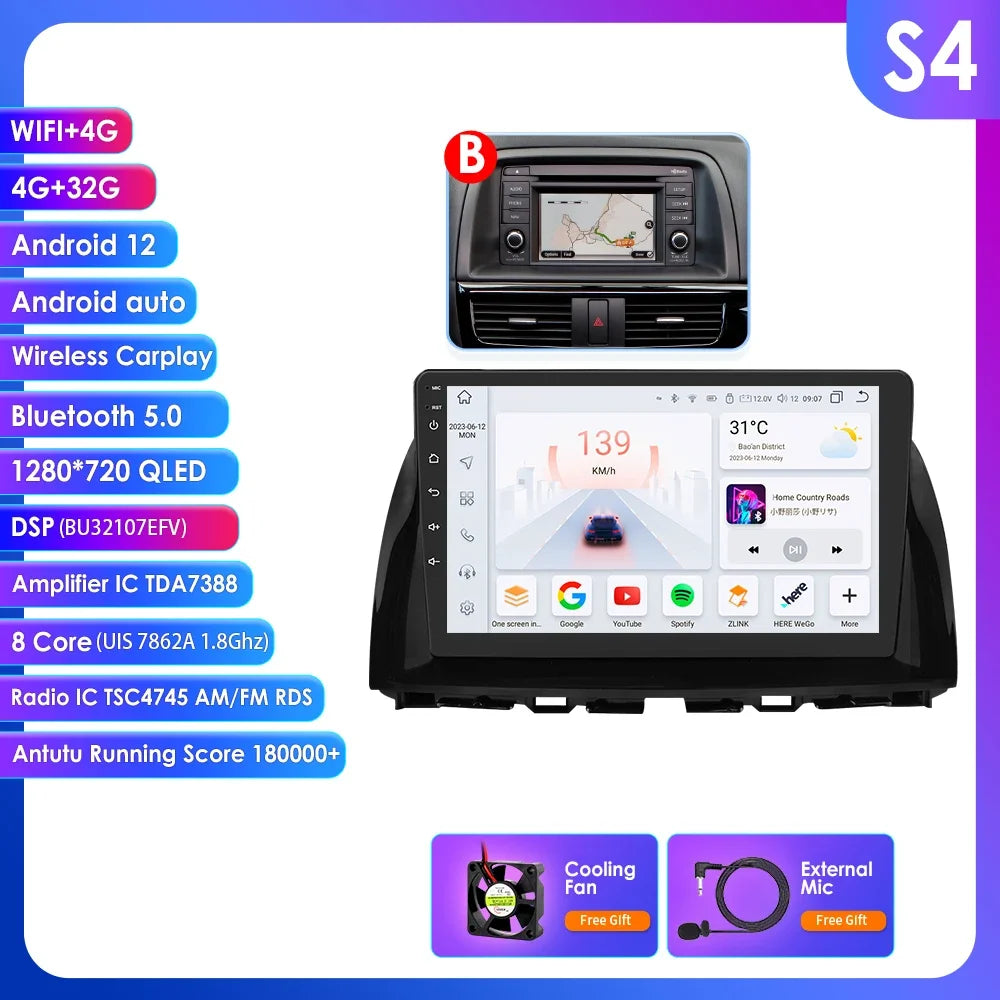 Mazda CX5 CX-5 CX 5 2012 - 2015 9" Android 14 Carplay Android auto wireless wifi bt gps 4g  AUTMAPJJ
