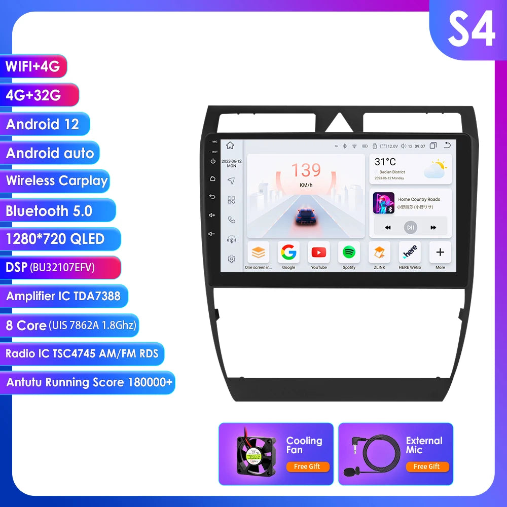 Audi A6 C5 1997-2004 S6 RS6 9" Android 14 Carplay Android auto wireless wifi bt gps 4g  AUTMA9VK