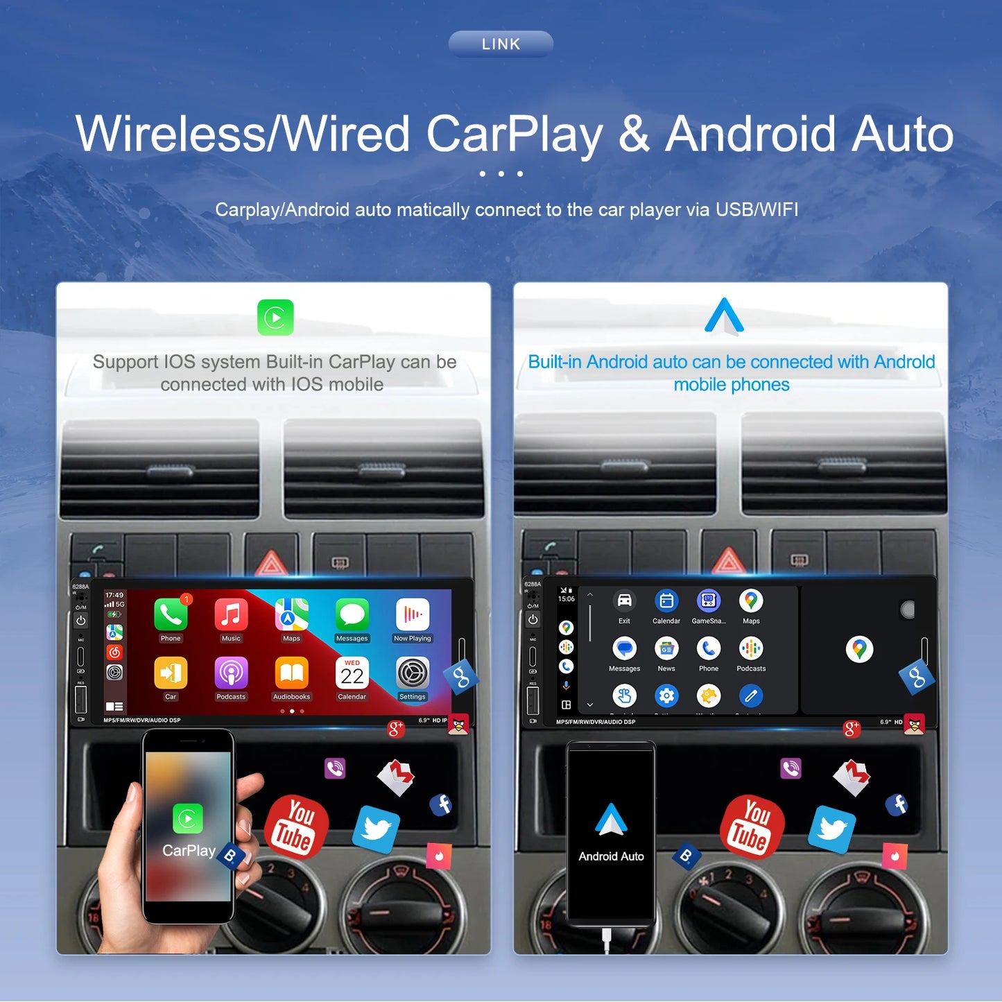 1din 6.86'' Android Car Stereo Radio 2+64G Wireless Carplay Android auto Bluetooth WIFI GPS FM Radio RDS  AUTMRDNV1