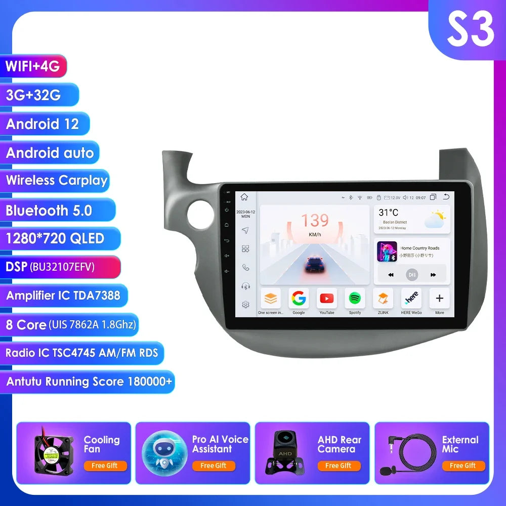 HONDA FIT JAZZ 2007-2013 9" Android 14 Carplay Android auto wireless wifi bt gps 4g  AUTMJZFHD