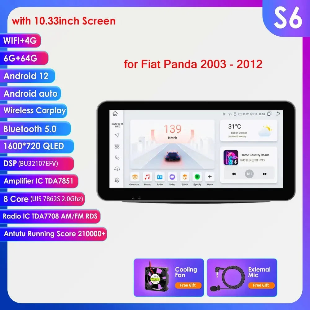 Fiat Panda 2003 - 2012 9" Android 14 Carplay Android auto wireless wifi bt gps 4g  AUTMWUM9