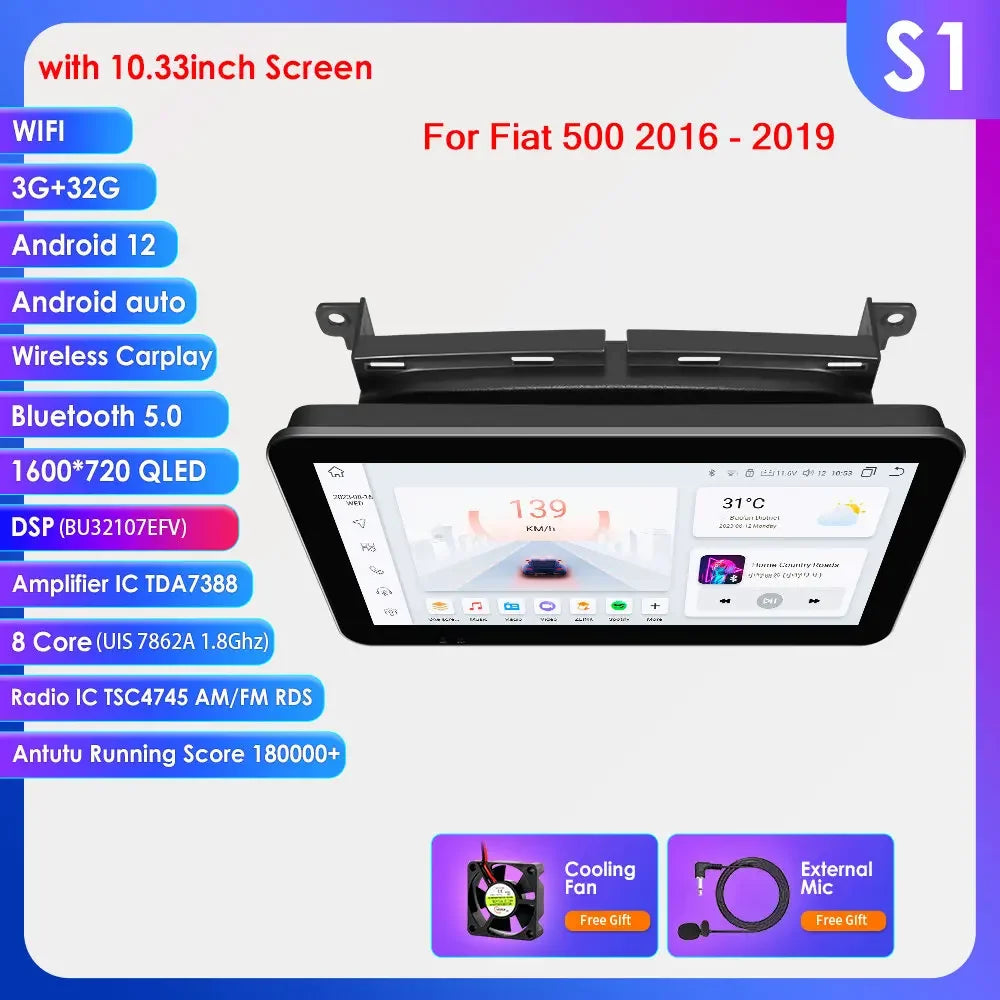 Fiat 500 2016 -2020  9"/10,33" Android 14 Carplay Android auto wireless wifi bt gps 4g AUTM7LJI
