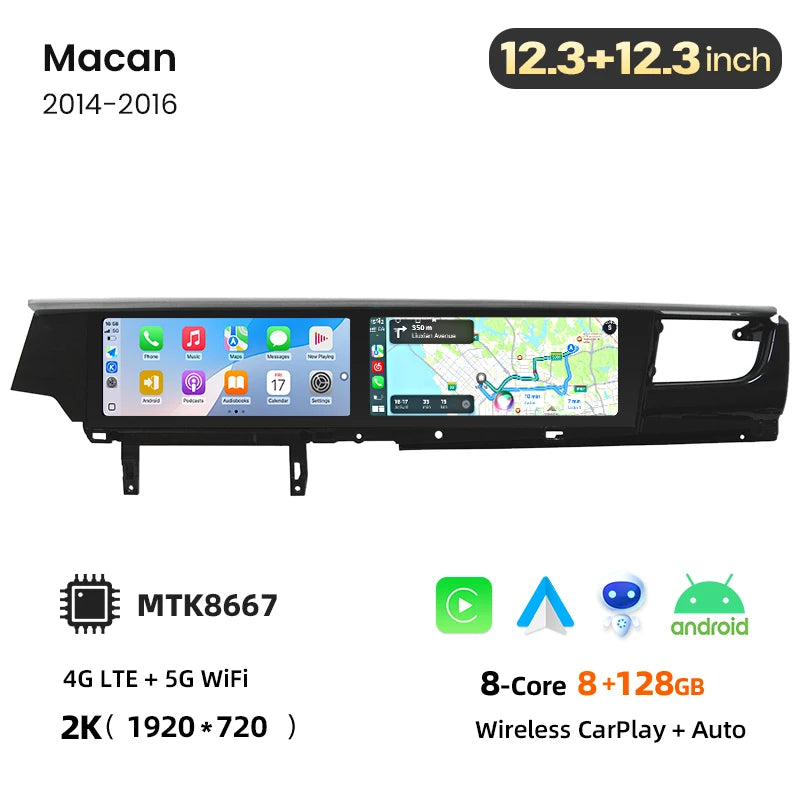 Porsche Macan 2014-2024 Autoradio wireless interattiva a 2 schermi da 12,3 pollici con CarPlay / Android auto wireless  per l'intrattenimento del copilota e del passeggero AUTM9NRU