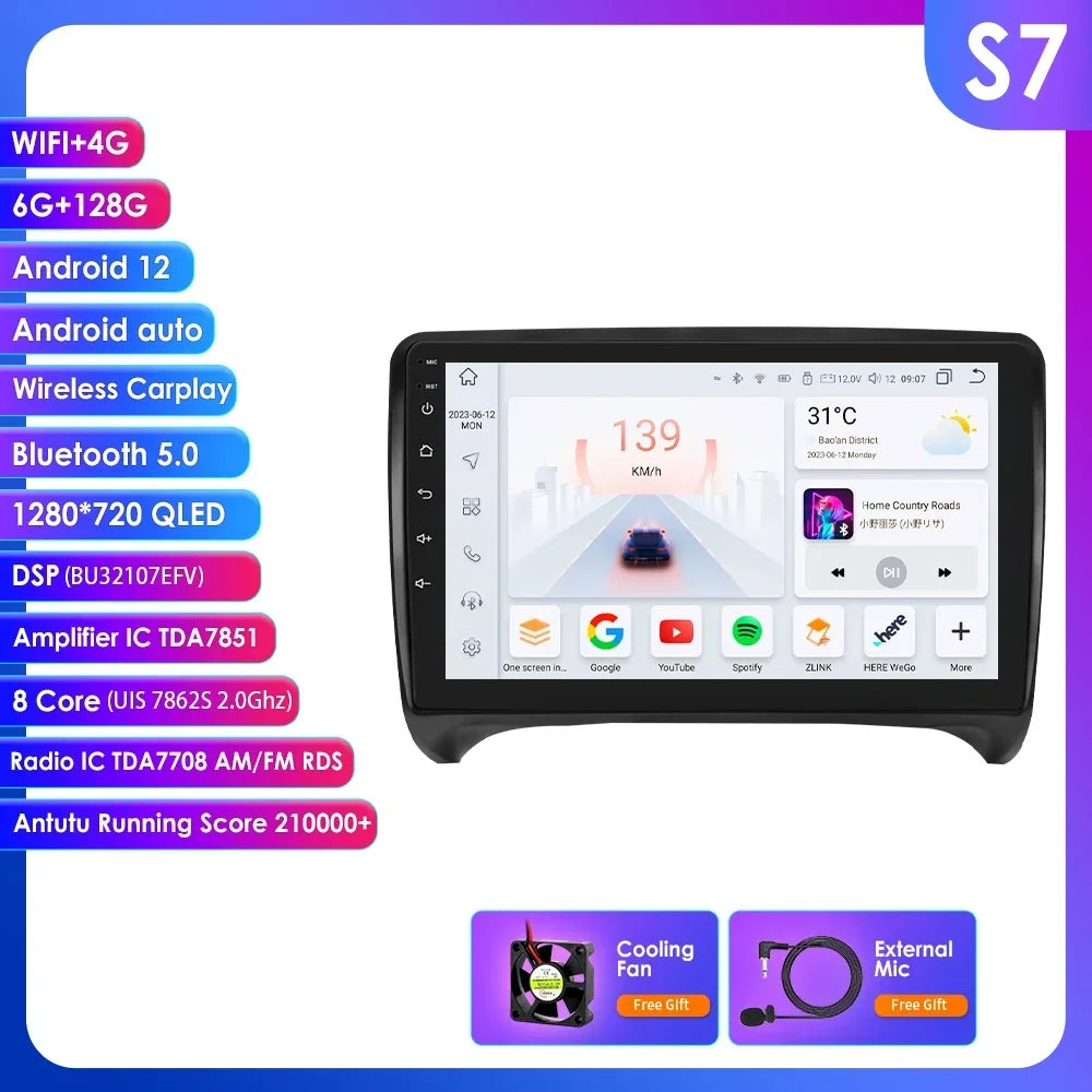 AUDI TT MK2 8J 2006 -2014 9" Android 14 Carplay Android auto wireless wifi bt gps 4g  AUTMMWU1