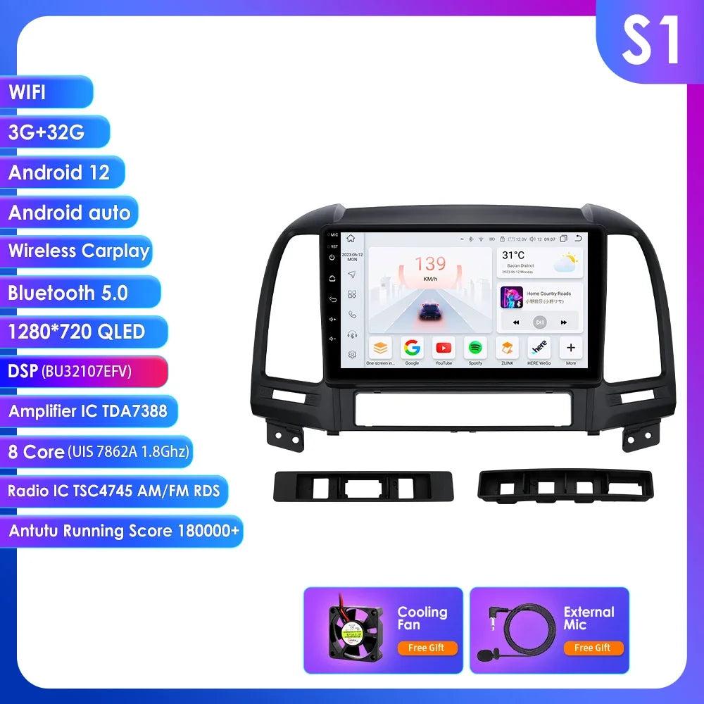 Hyundai Santa Fe 2 2006 - 2012 9" Android 14 Carplay Android auto wireless wifi bt gps 4g  AUTMC8Y7