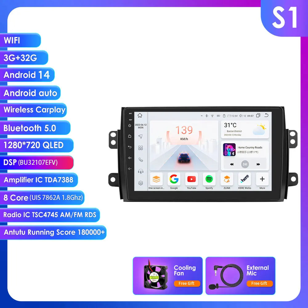 Suzuki SX4/Fiat sedici  2005-2014 9" Android 14 Carplay Android auto wireless wifi bt gps 4g AUTMDSJD