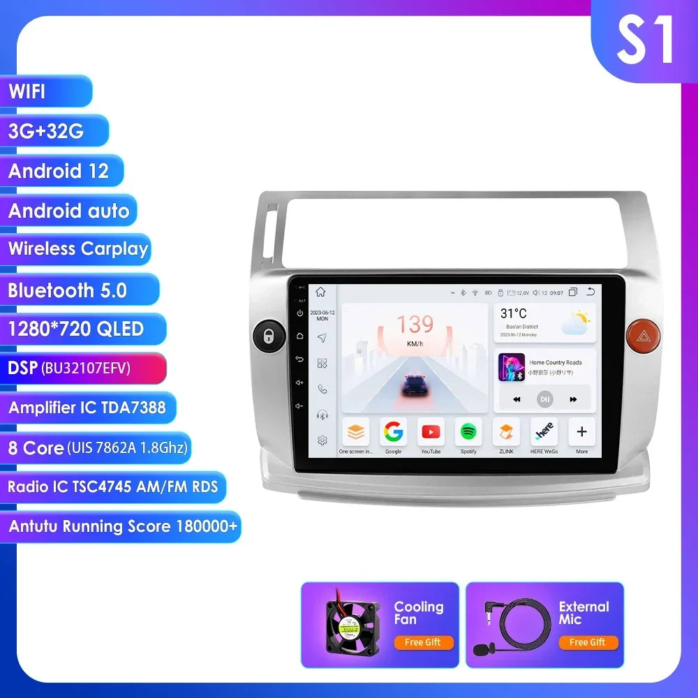 Citroen C4 C-Quatro 2004-2009  9" Android 14 Carplay Android auto wireless wifi bt gps 4g  AUTM4029