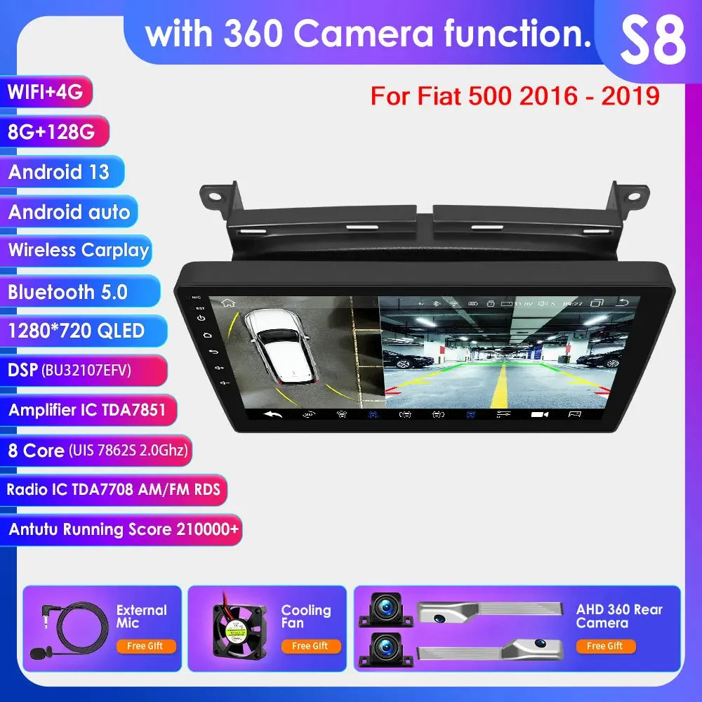 Fiat 500 2016 -2020  9"/10,33" Android 14 Carplay Android auto wireless wifi bt gps 4g AUTM7LJI