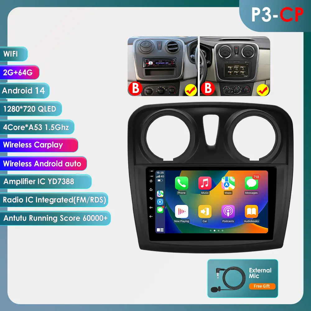 Dacia Logan 2 II Sandero 2  2012-2019 9" Android 14 Carplay Android auto wireless wifi bt gps 4g AUTMH2D9