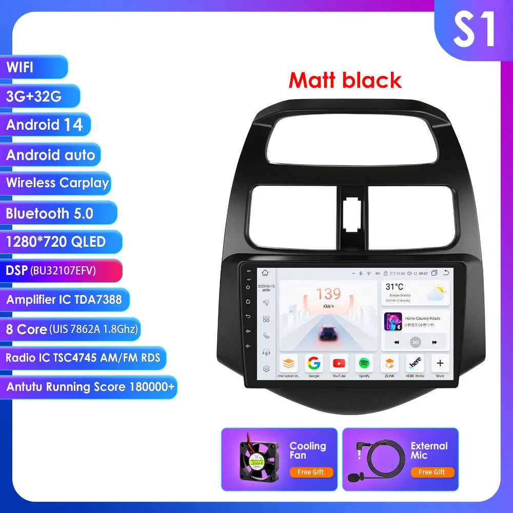Chevrolet Spark Beat Matiz Creative 2010-2014 9" Android 14 Carplay Android auto wireless wifi bt gps 4g  AUTMTPT1