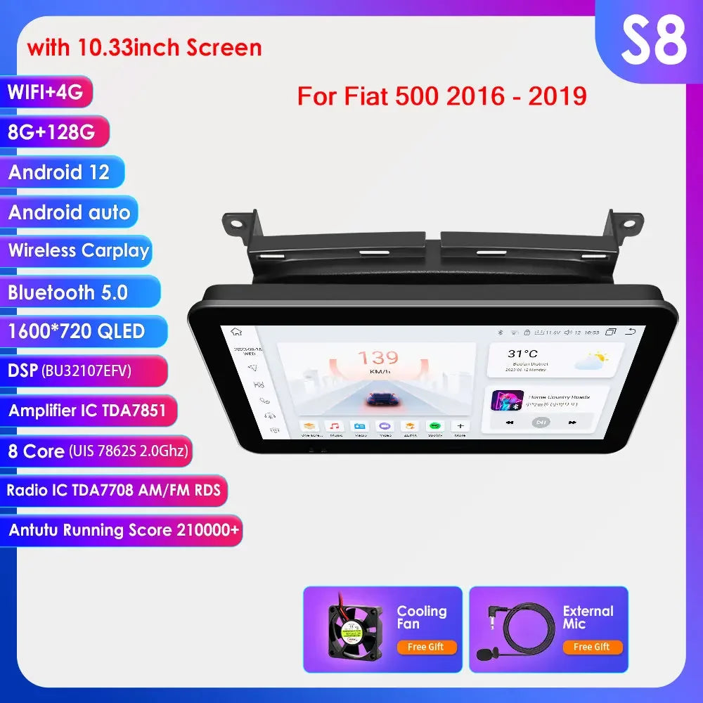 Fiat 500 2016 -2020  9"/10,33" Android 14 Carplay Android auto wireless wifi bt gps 4g AUTM7LJI