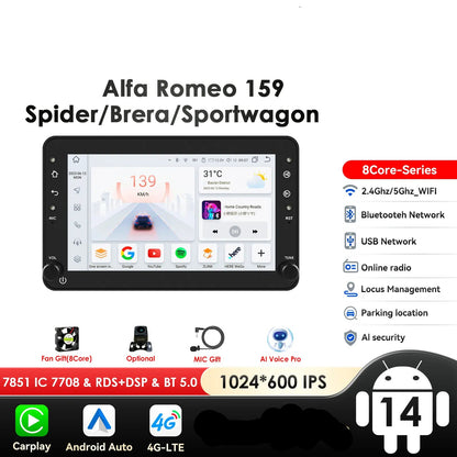 Alfa Romeo 159 Brera Spider 7" Android 14 Carplay Android auto wireless wifi bt gps 4g  AUTMS04A