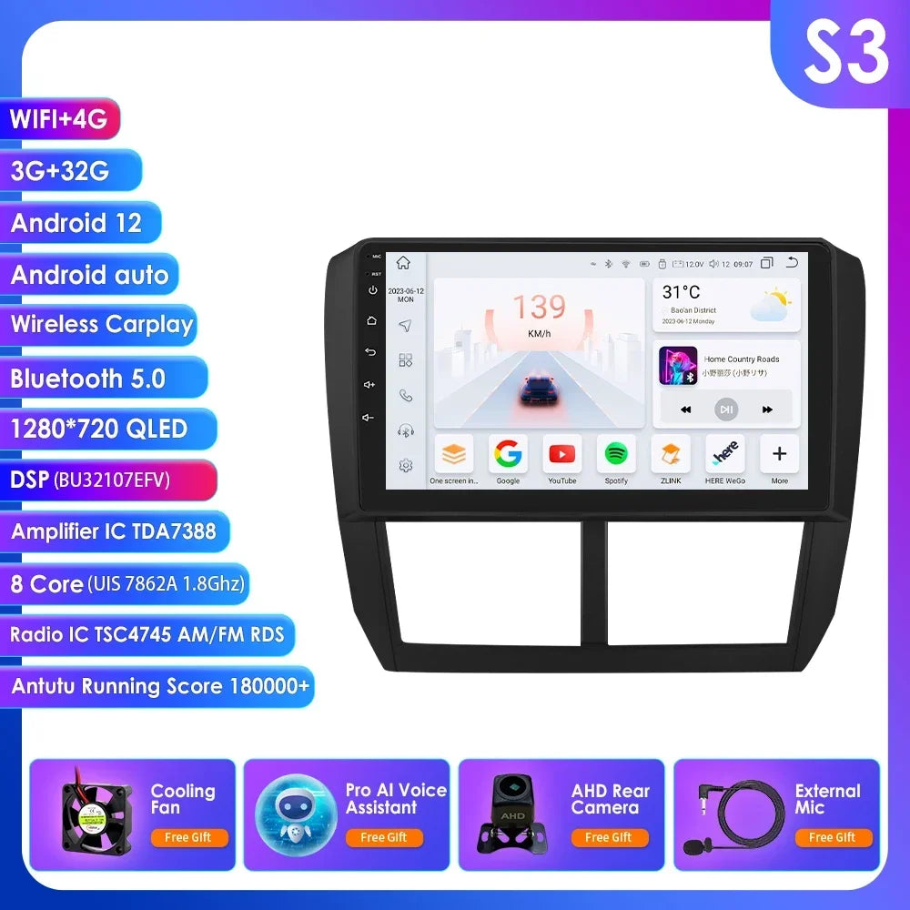 Subaru Forester 3 SH 2007-2013 Impreza WRX  " Android 14 Carplay Android auto wireless wifi bt gps 4g AUTMFSTSB