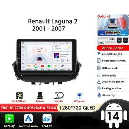 Renault Laguna 2 2001-2007 9" Android 14 Carplay Android auto wireless wifi bt gps 4g AUTMTAL9