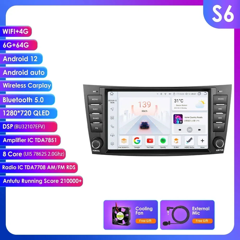 Mercedes Benz E-class W211 E200 E220 E300 E350 E240 E270 E280 W219 8" Android 14 Carplay Android auto wireless wifi bt gps 4g  AUTMDBW0