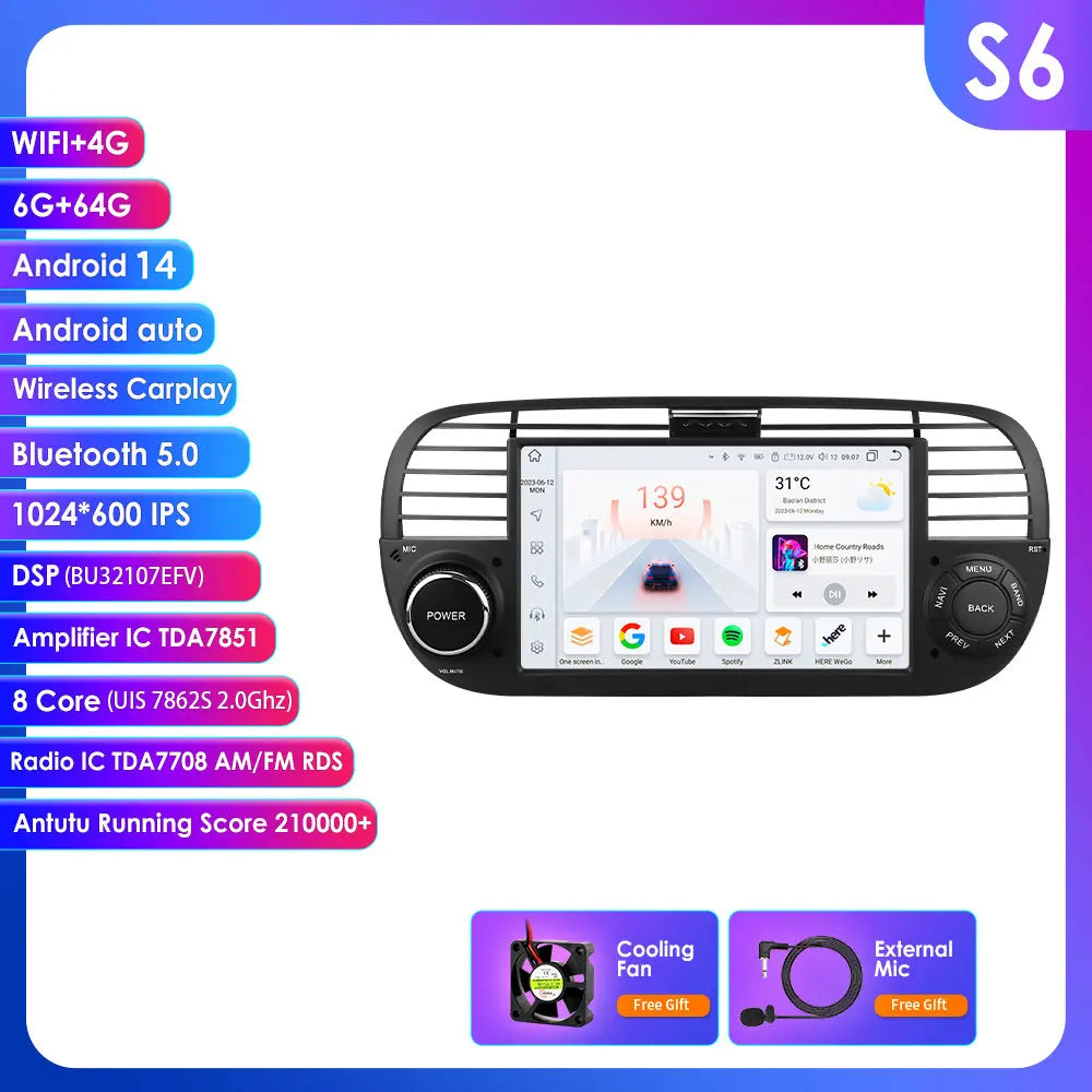 Fiat 500 2007 - 2015 7" Android 14 Carplay Android auto wireless wifi bt gps 4g  AUTM7QGL