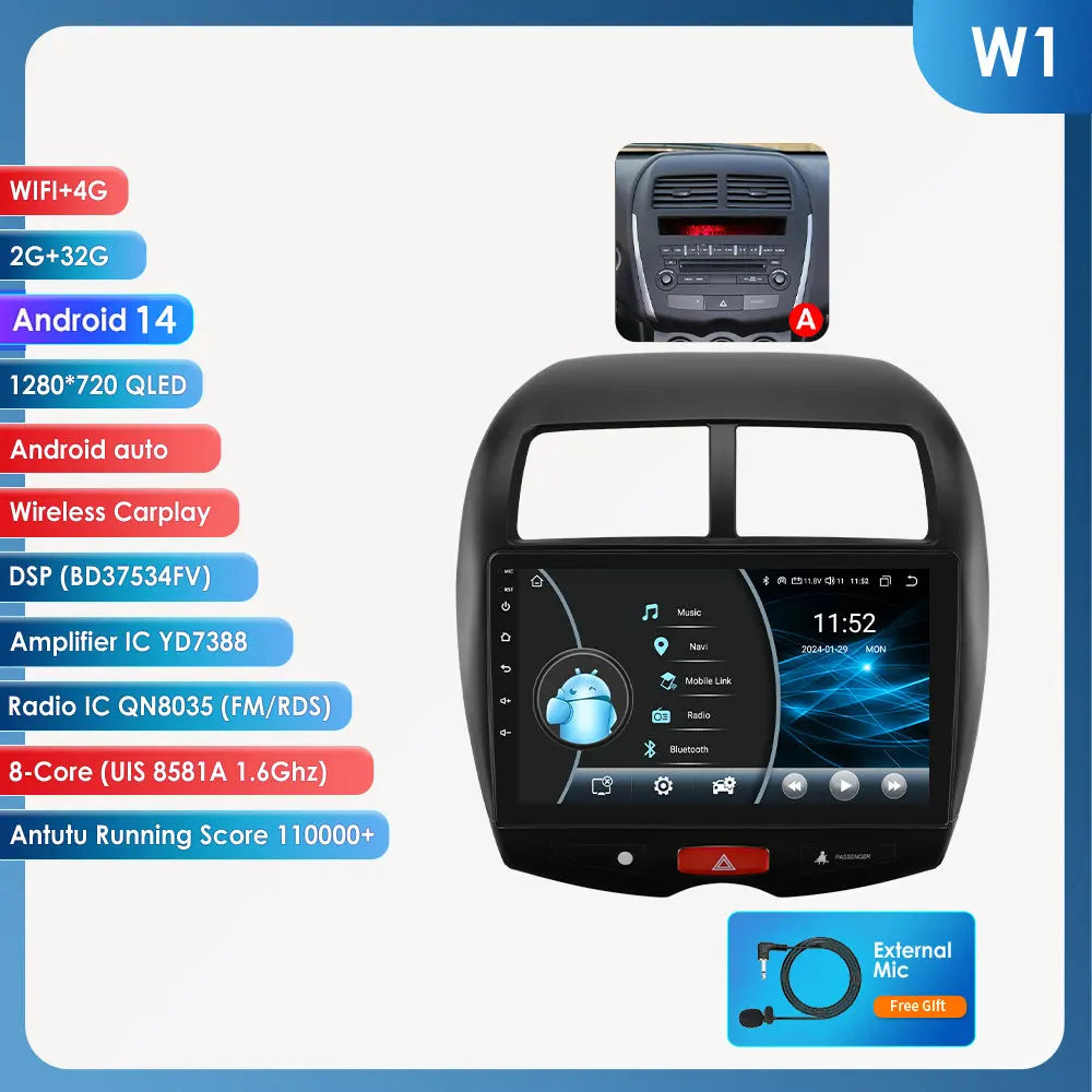 Mitsubishi ASX 1 2010 - 2018/ Citroen C4 aircross 9"Android 14 Carplay Android auto wireless wifi bt gps 4g RDS AUTMMTBSX