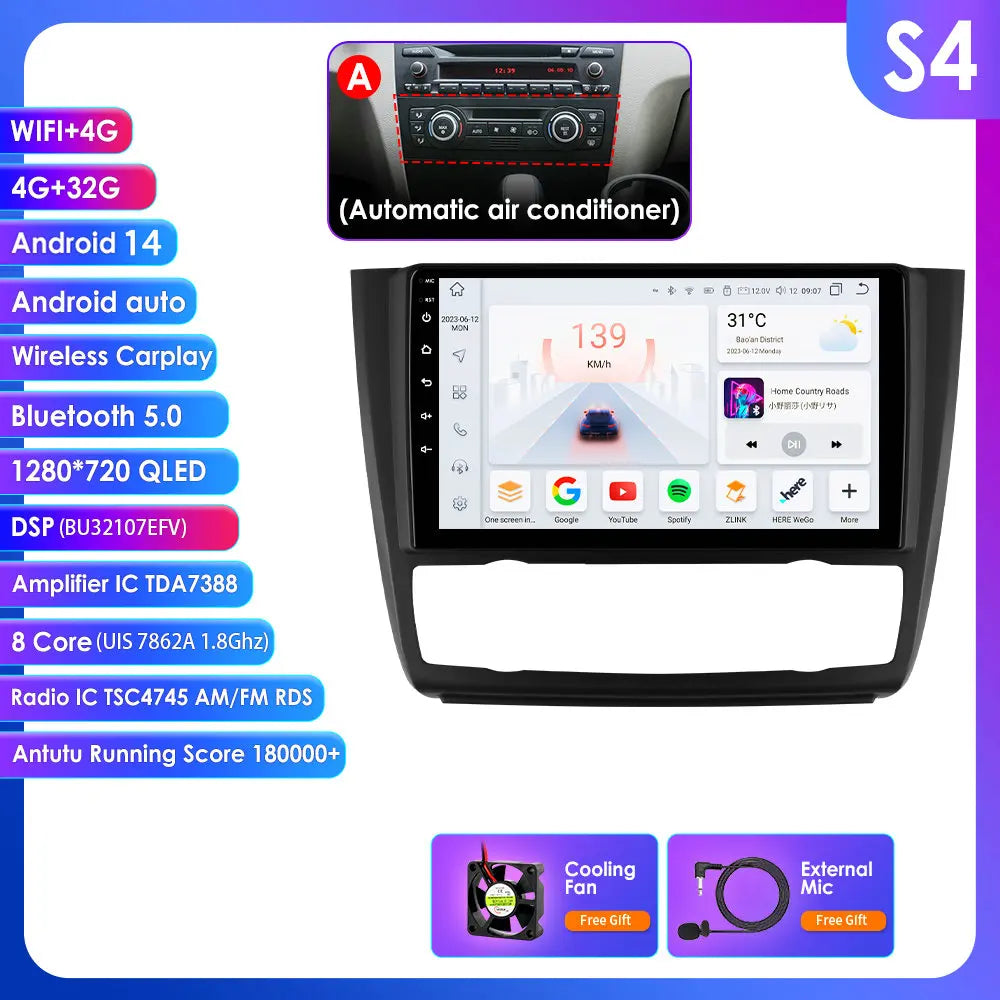BMW 1 Series E81 E82 E87 E88 2004-2011 9" Android 14 Carplay Android auto wireless wifi bt gps 4g  AUTM9KFA