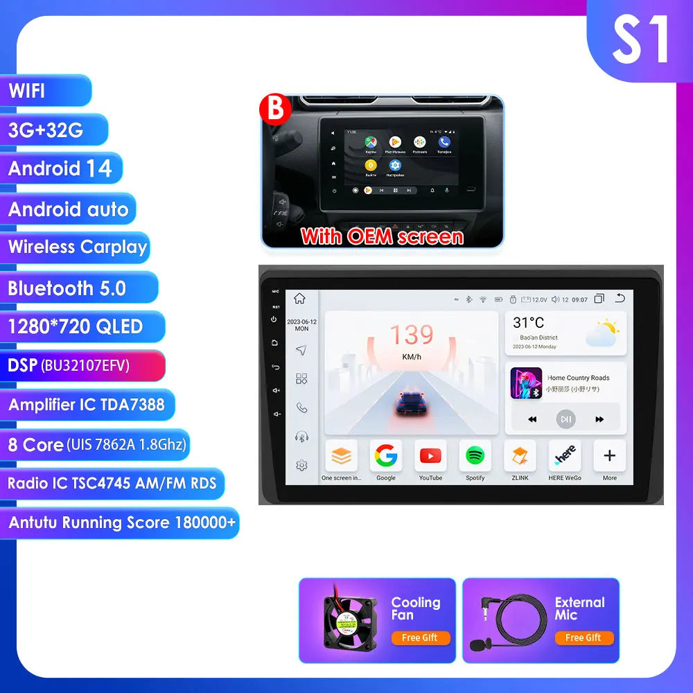 Dacia Duster  Renault Arkana 10,1" / 10,33" Android 14 Carplay Android auto wireless wifi bt gps 4g AUTMLWKH