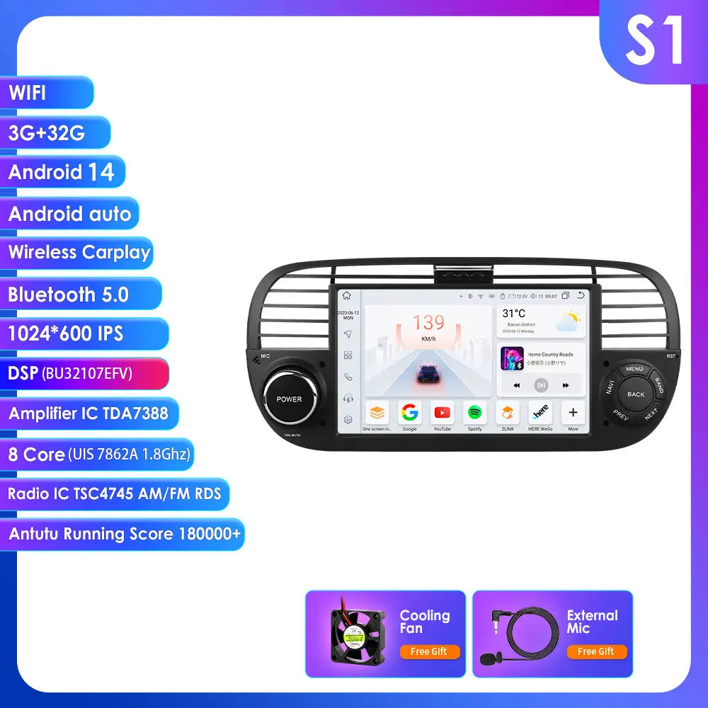 Fiat 500 2007 - 2015 7" Android 14 Carplay Android auto wireless wifi bt gps 4g  AUTM7QGL