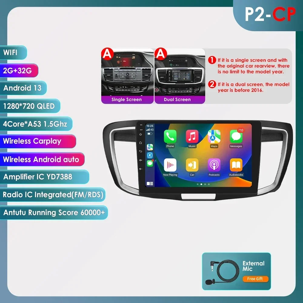 Honda ACCORD 9 2.0L 2.4L 2012  -2018  9"  Android 14 Carplay Android auto wireless wifi bt gps 4g  AUTMA22DH