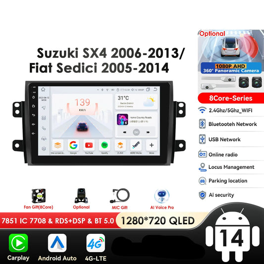 Suzuki SX4/Fiat sedici  2005-2014 9" Android 14 Carplay Android auto wireless wifi bt gps 4g AUTMDSJD