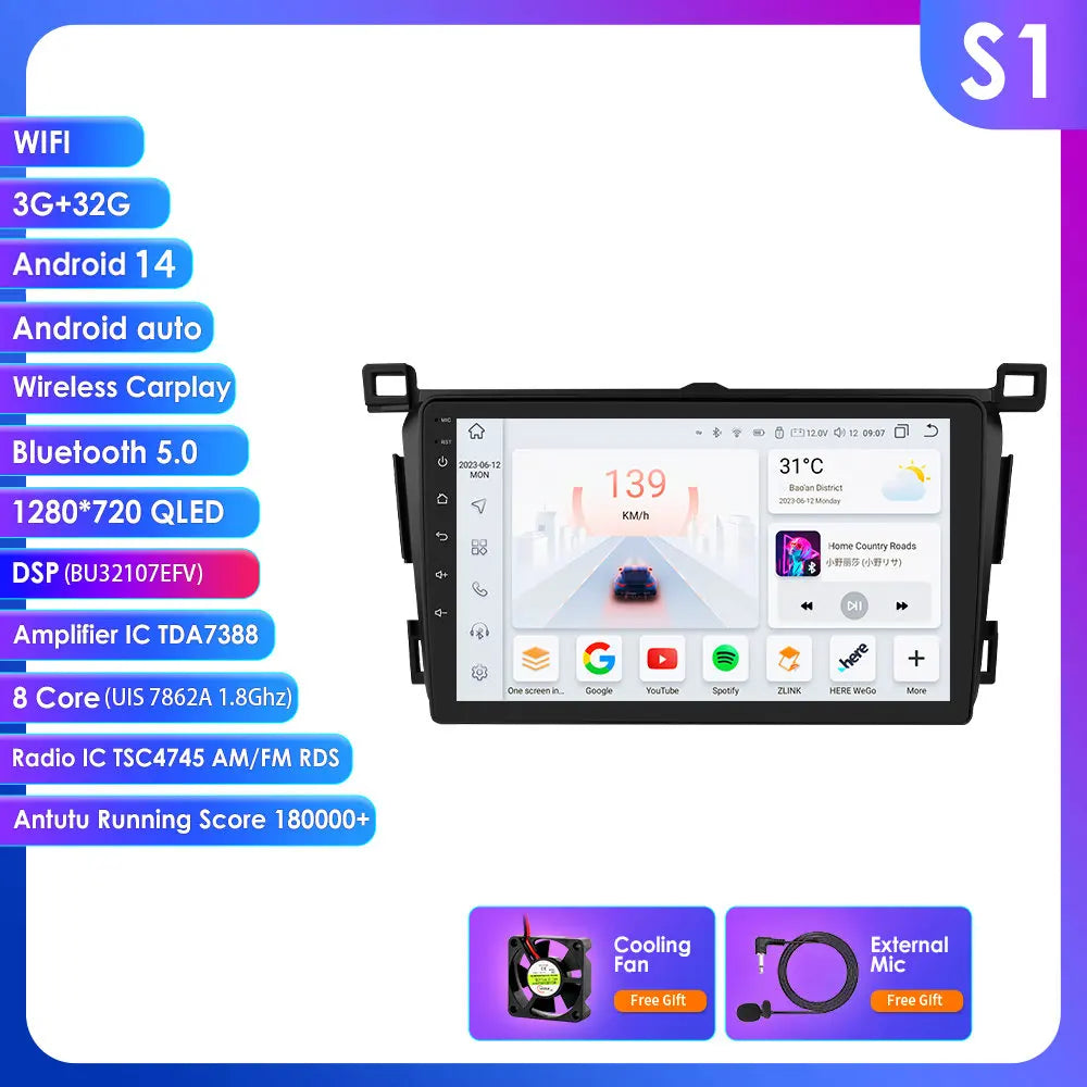Toyota RAV4 Rav 4 2013-2018 9" Android 14 Carplay Android auto wireless wifi bt gps 4g  AUTM4VARTY