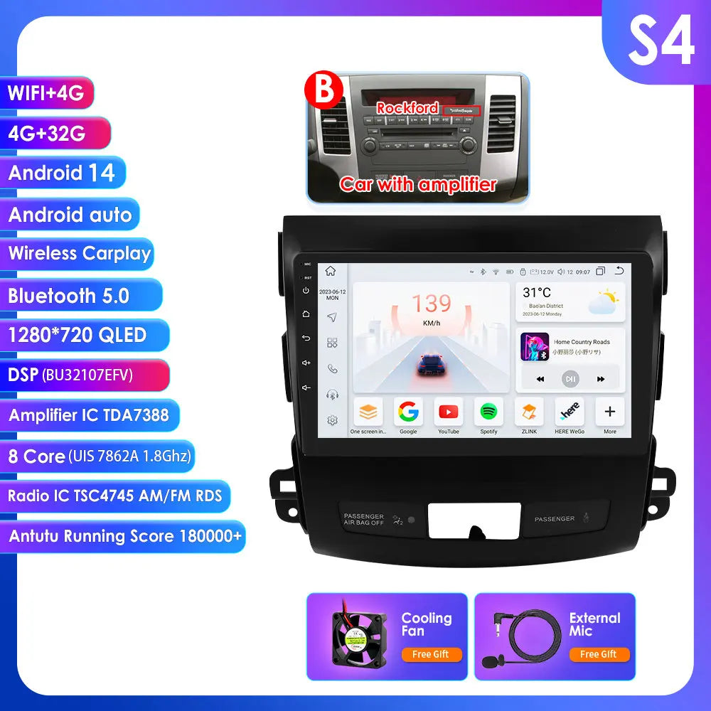 Mitsubishi Outlander 2 Peugeot 4007  Citroen C-Crosser 9" Android 14 Carplay Android auto wireless wifi bt gps 4g AUTMS5Y3