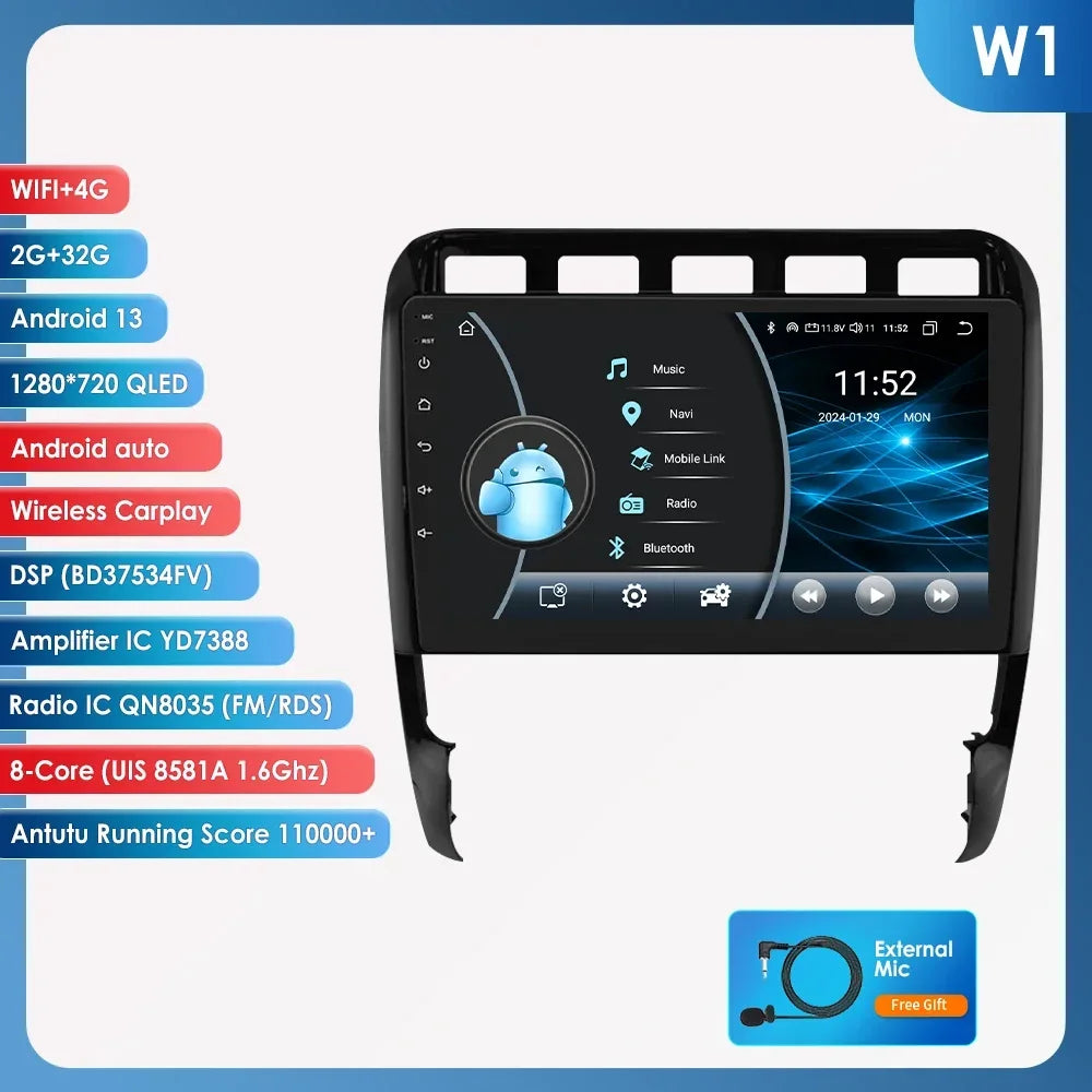 Porsche Cayenne 2002 - 2010 9" Android 14 Carplay Android auto wireless wifi bt gps 4g AUTM29SA