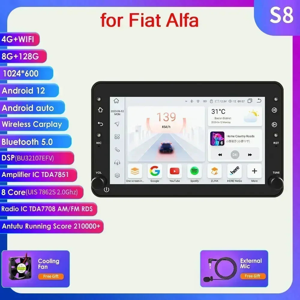 Alfa Romeo 159 Brera Spider 7" Android 14 Carplay Android auto wireless wifi bt gps 4g  AUTMS04A