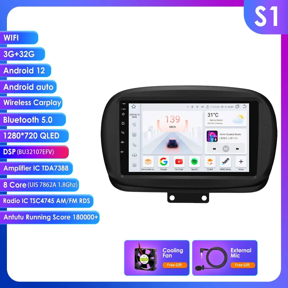 FIAT 500X 2014-2020 9" Android 14 Carplay Android auto wireless wifi bt gps 4g  AUTMXDQZ