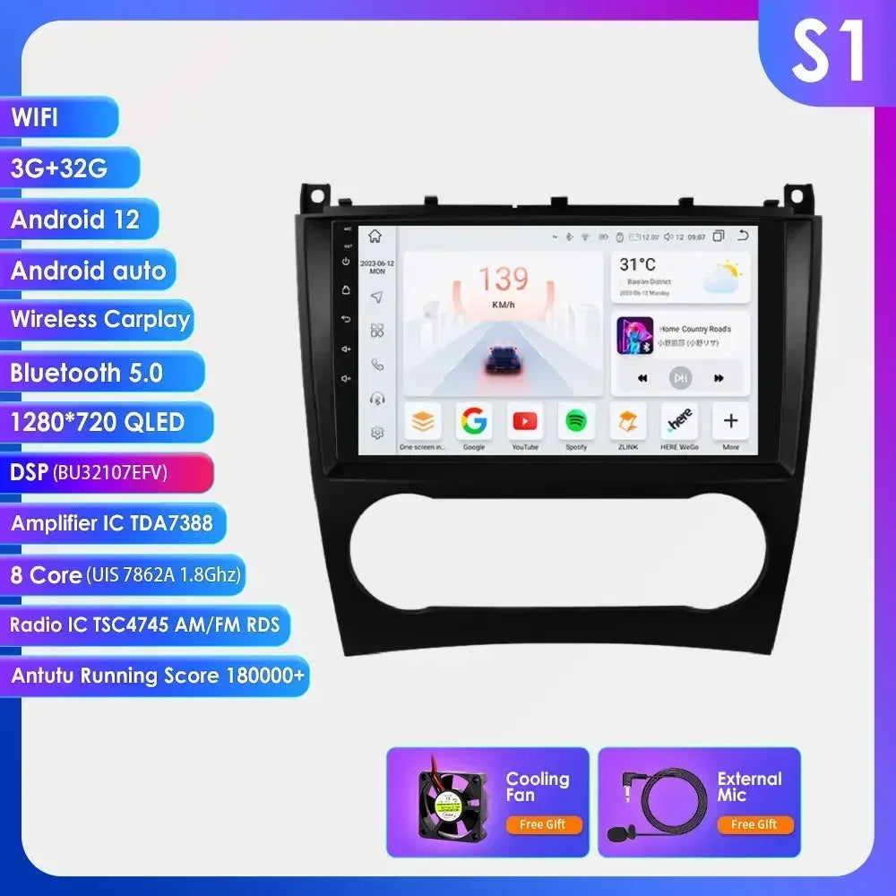 Mercedes Benz CLC W203 C-Class C180 C200 CLK200 CLK W209 9" / 10,33" Android 14 Carplay Android auto wireless wifi bt gps 4g  AUTMNWKX