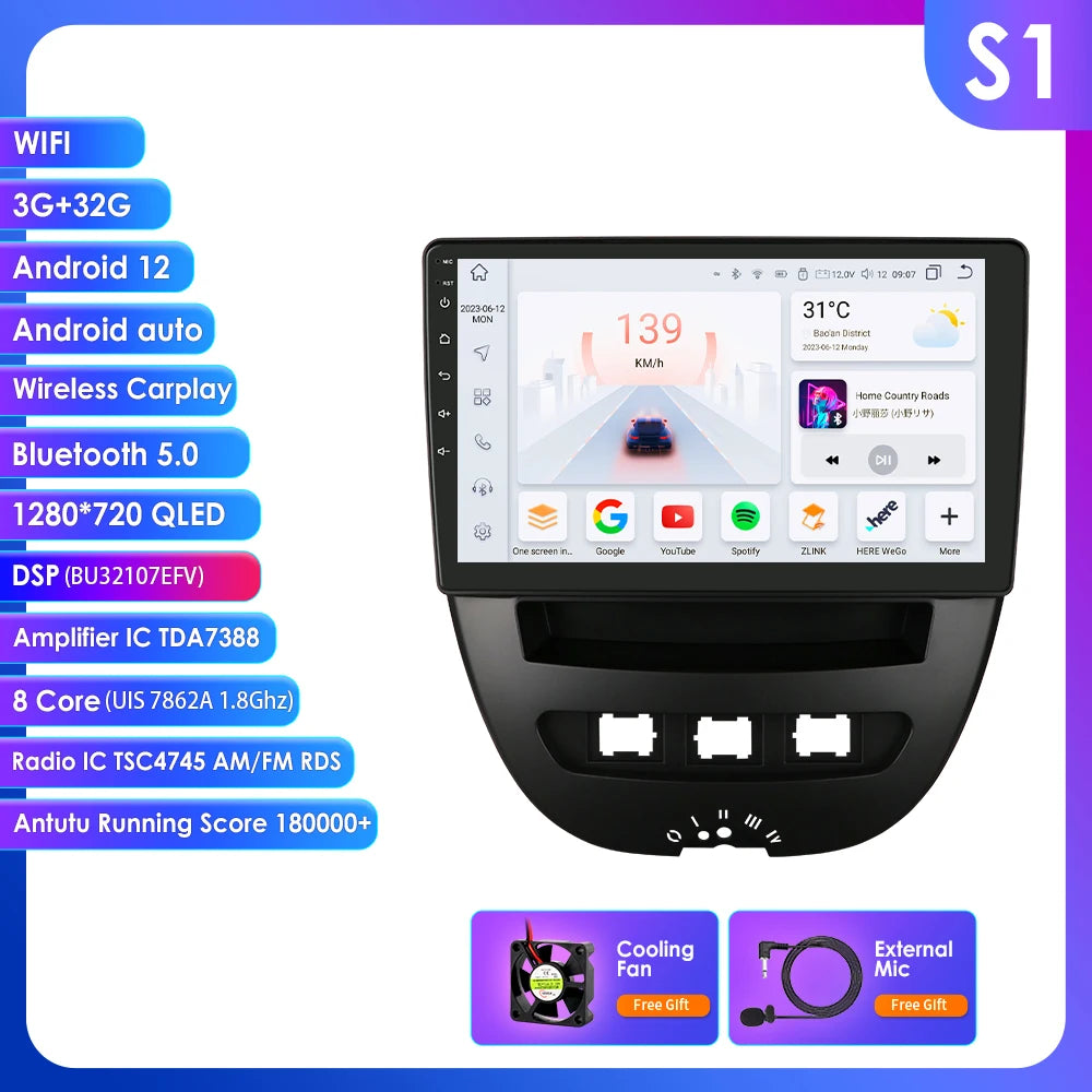 Peugeot 107 Toyota Aygo Citroen C1 9" Android 14 Carplay Android auto wireless wifi bt gps 4g  AUTMH3FI