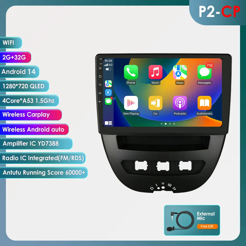 Peugeot 107 Toyota Aygo Citroen C1 9" Android 14 Carplay Android auto wireless wifi bt gps 4g  AUTMH3FI