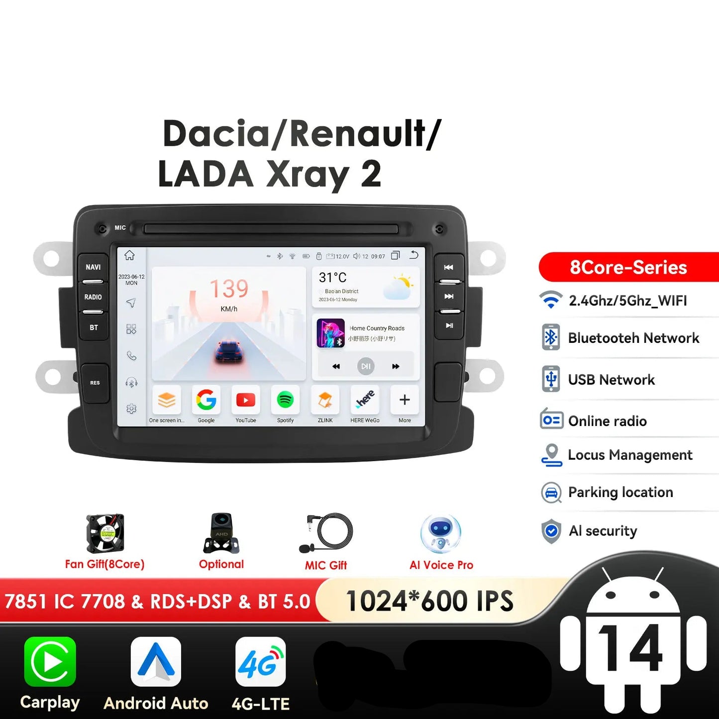 Dacia Logan Dokker Duster Sandero Lodgy Renault Captur  2011-2017 7" Android 14 Carplay Android auto wireless wifi bt gps 4g  AUTMSQF6