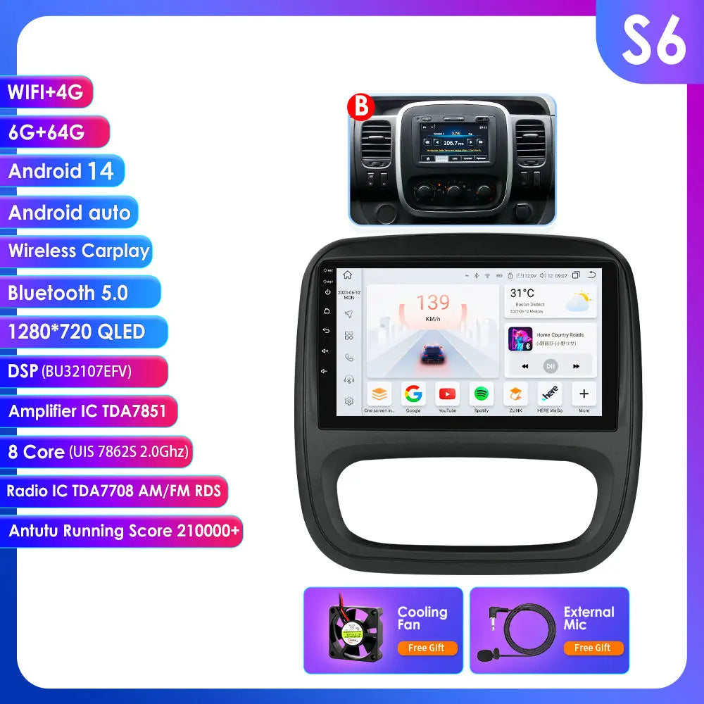 Fiat Talento Renault Trafic 3 / Opel Vivaro B 2014-2021 9" Android 14 Carplay Android auto wireless wifi bt gps 4g AUTMUYH9