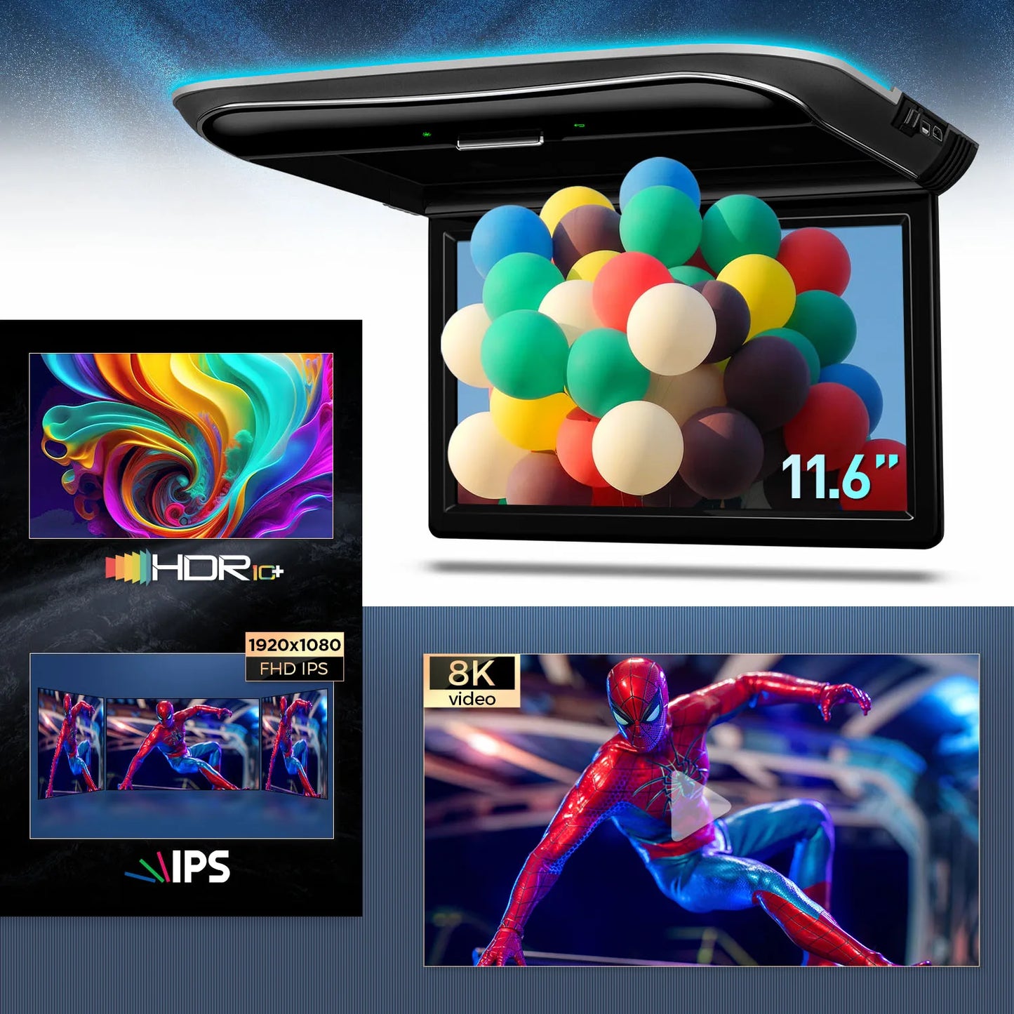 11.6 " Monitor da tetto 2 + 32 Gb Octacore Risoluzione HD Schermo IPS ultrasottile Supporto per lettore video 1080P Altoparlanti integrati   CM116AS