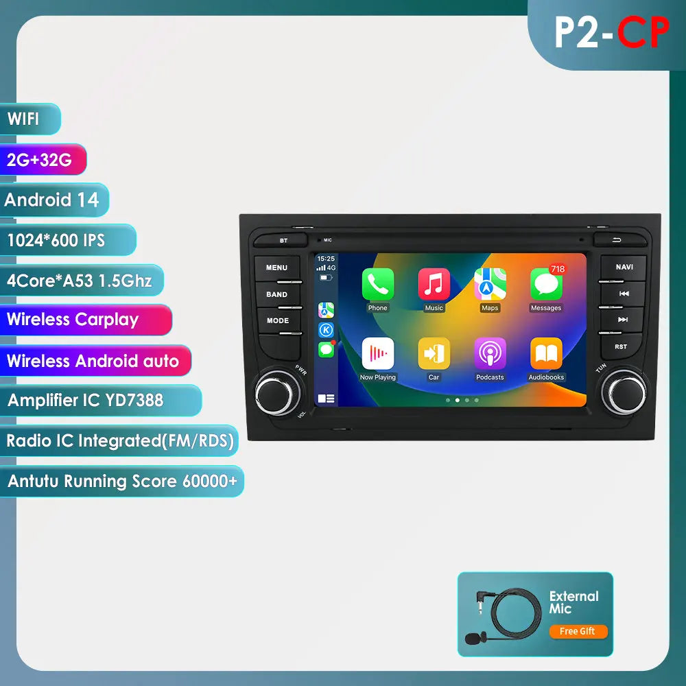 Audi A4 B9 B8 B7 B6 S4 RS4 SEAT Exeo 2000-2008 7" Android 14 Carplay Android auto wireless wifi bt gps 4g AUTM1EB1